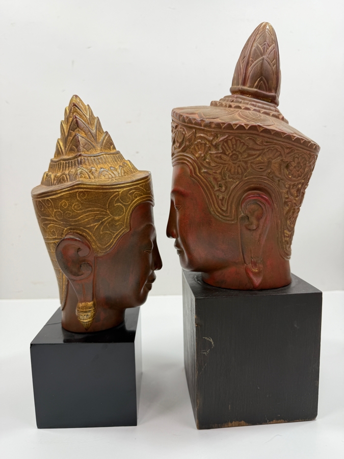 Pair Of Artisans Angkor Handcrafted Cambodian Buddha Head Sculptures In The Traditional Khmer Style 12'H And 14'H (RSF) [Photo 6]