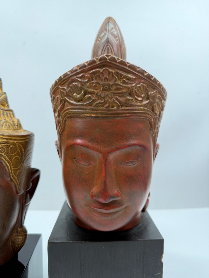 Pair Of Artisans Angkor Handcrafted Cambodian Buddha Head Sculptures In The Traditional Khmer Style 12'H And 14'H (RSF) [Photo 3]