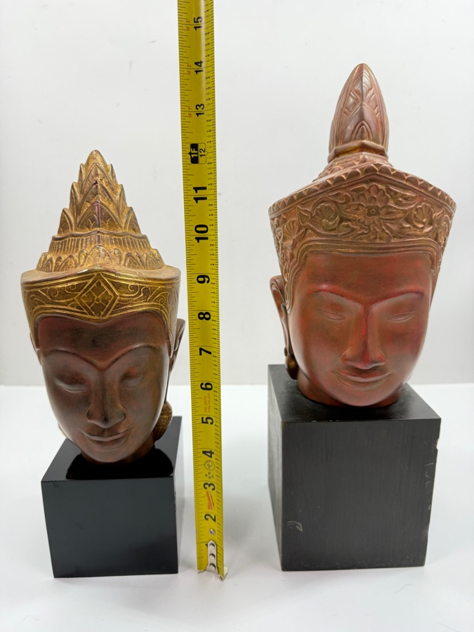 Pair Of Artisans Angkor Handcrafted Cambodian Buddha Head Sculptures In The Traditional Khmer Style 12'H And 14'H (RSF) [Photo 8]