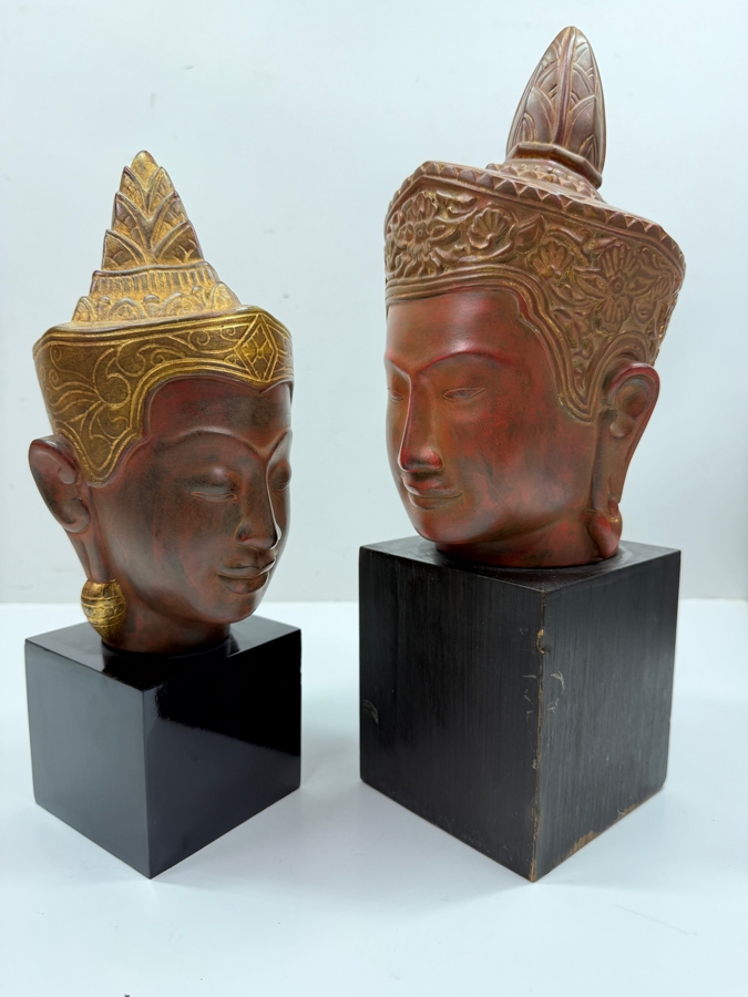 Pair Of Artisans Angkor Handcrafted Cambodian Buddha Head Sculptures In The Traditional Khmer Style 12'H And 14'H (RSF) [Photo 5]
