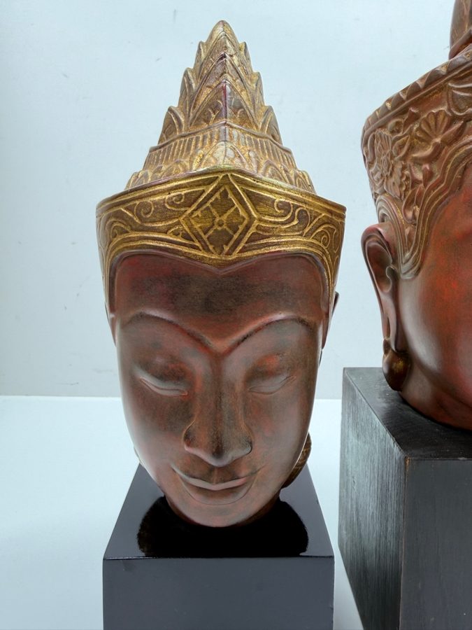 Pair Of Artisans Angkor Handcrafted Cambodian Buddha Head Sculptures In The Traditional Khmer Style 12'H And 14'H (RSF) [Photo 4]