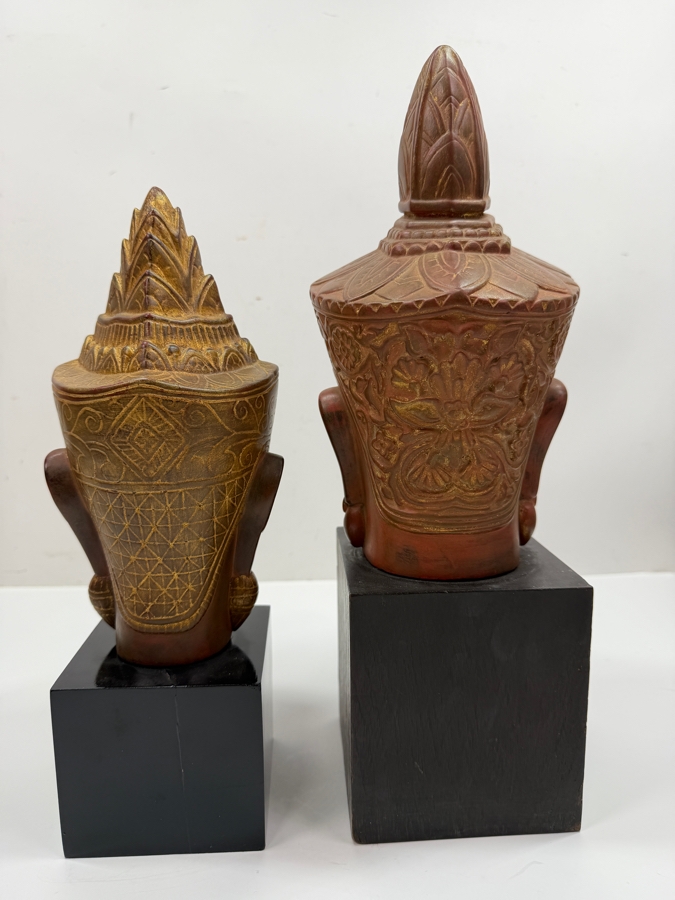 Pair Of Artisans Angkor Handcrafted Cambodian Buddha Head Sculptures In The Traditional Khmer Style 12'H And 14'H (RSF) [Photo 7]