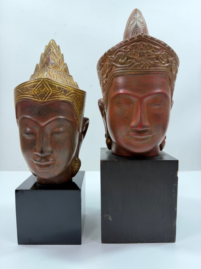 Pair Of Artisans Angkor Handcrafted Cambodian Buddha Head Sculptures In The Traditional Khmer Style 12'H And 14'H (RSF) [Photo 2]