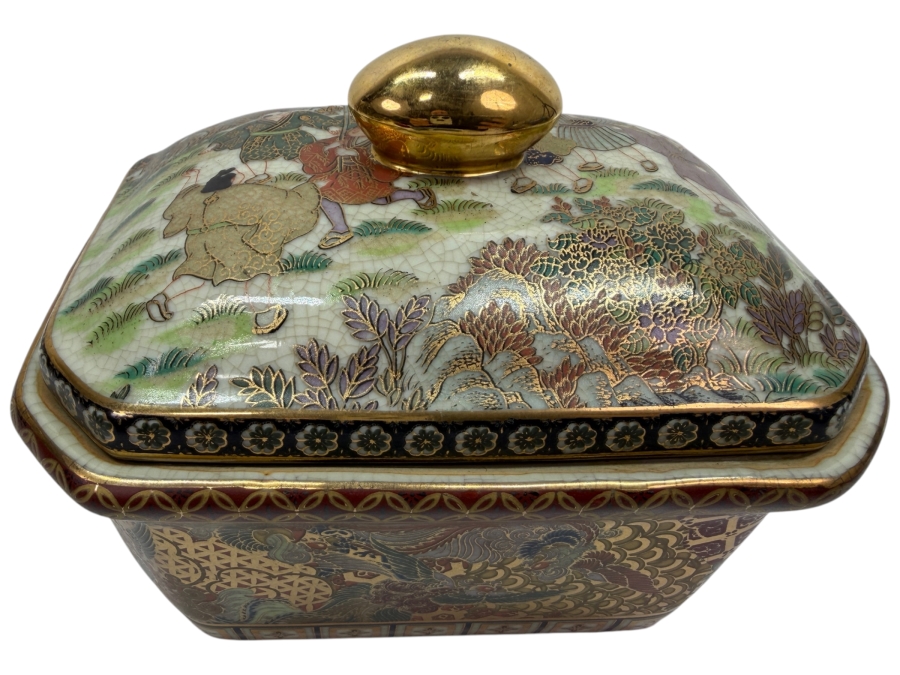 Vintage Satsuma Style Porcelain Lidded Candy Trinket Box With Red Seal Mark And Decorative Gilded Figural Scene 7'W X 5'D X 6'H (RSF)