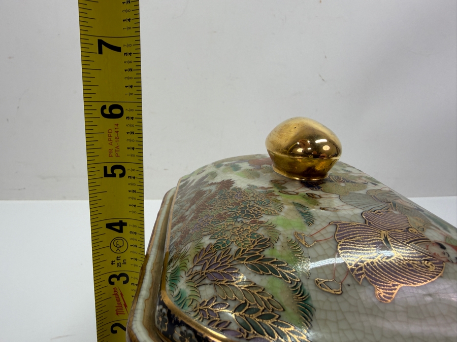 Vintage Satsuma Style Porcelain Lidded Candy Trinket Box With Red Seal Mark And Decorative Gilded Figural Scene 7'W X 5'D X 6'H (RSF) [Photo 7]