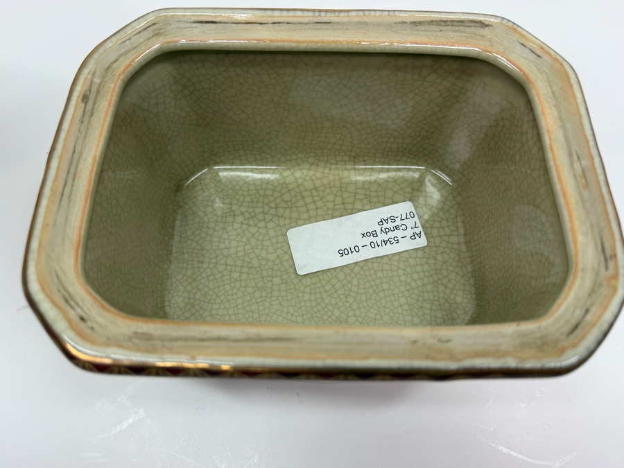 Vintage Satsuma Style Porcelain Lidded Candy Trinket Box With Red Seal Mark And Decorative Gilded Figural Scene 7'W X 5'D X 6'H (RSF) [Photo 5]