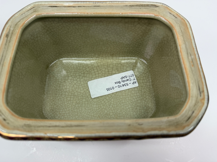 Vintage Satsuma Style Porcelain Lidded Candy Trinket Box With Red Seal Mark And Decorative Gilded Figural Scene 7'W X 5'D X 6'H (RSF) [Photo 4]