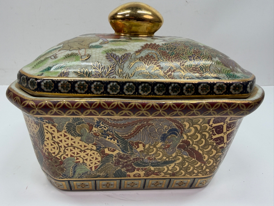 Vintage Satsuma Style Porcelain Lidded Candy Trinket Box With Red Seal Mark And Decorative Gilded Figural Scene 7'W X 5'D X 6'H (RSF) [Photo 2]