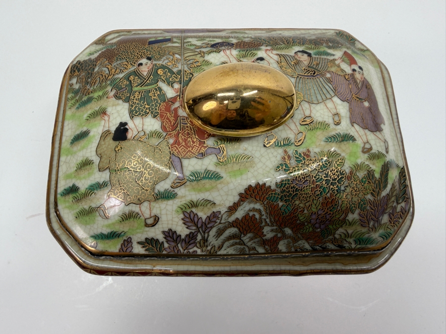 Vintage Satsuma Style Porcelain Lidded Candy Trinket Box With Red Seal Mark And Decorative Gilded Figural Scene 7'W X 5'D X 6'H (RSF) [Photo 3]