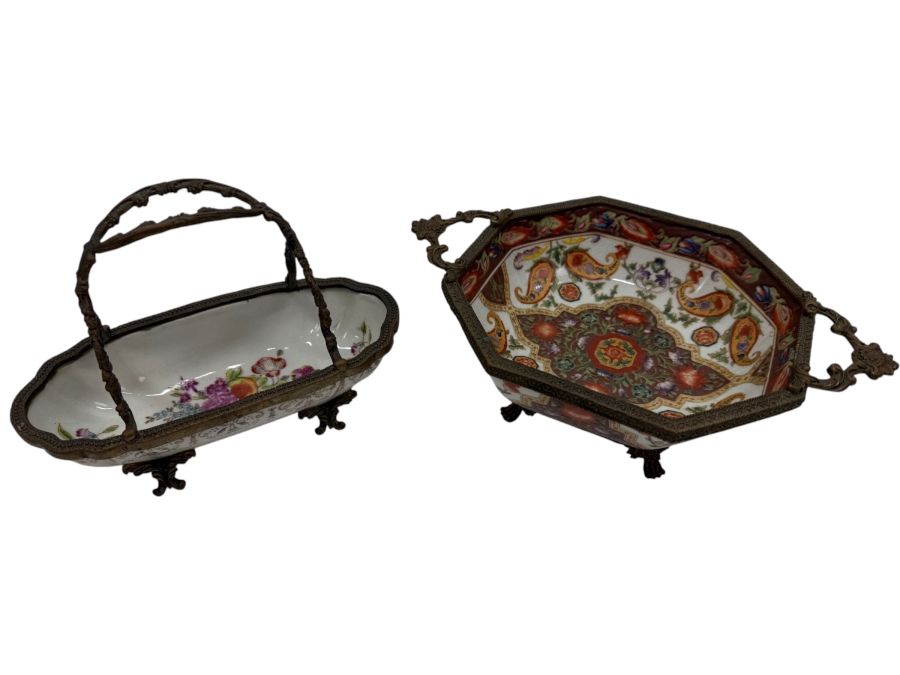 Pair Of Chinese Porcelain Export Bowls With Metal Ornamentation 9W And 7W (RSF)