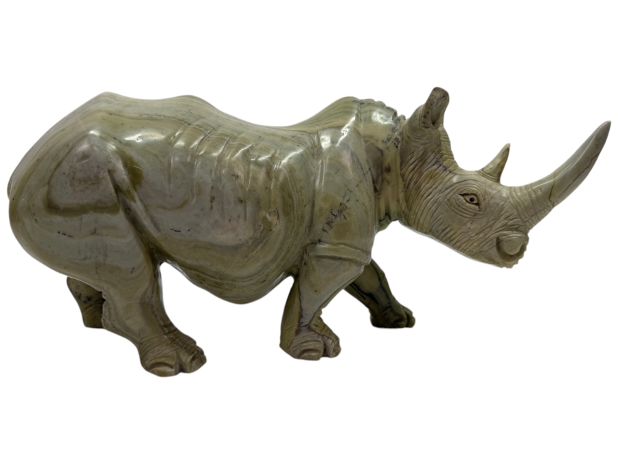 Vintage Hand Carved African Stone Sculpture Of A Rhino (His Main Horn Has Been Repaired) 11.5W X 4D X 6H (RSF)