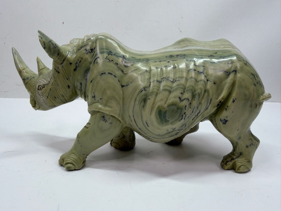 Vintage Hand Carved African Stone Sculpture Of A Rhino (His Main Horn Has Been Repaired) 11.5W X 4D X 6H (RSF) [Photo 6]