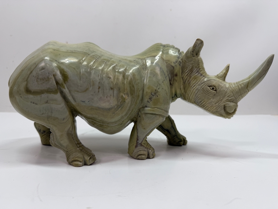 Vintage Hand Carved African Stone Sculpture Of A Rhino (His Main Horn Has Been Repaired) 11.5W X 4D X 6H (RSF) [Photo 2]