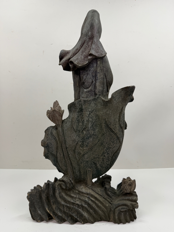 Vintage Chinese Carved Wooden Statue Of Guanyin 10.5W X 19H (RSF) [Photo 6]