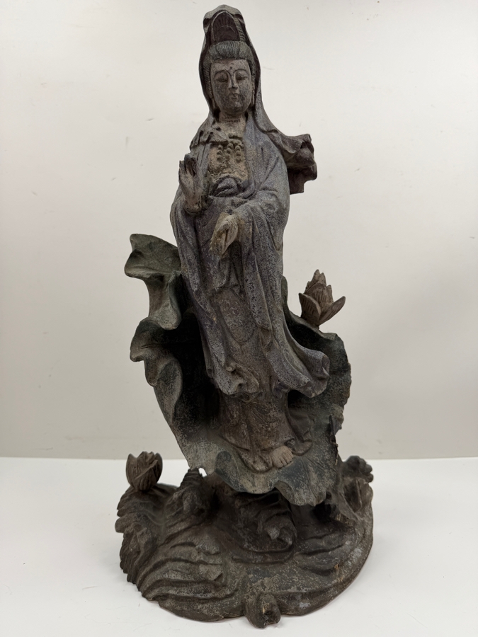 Vintage Chinese Carved Wooden Statue Of Guanyin 10.5W X 19H (RSF) [Photo 2]