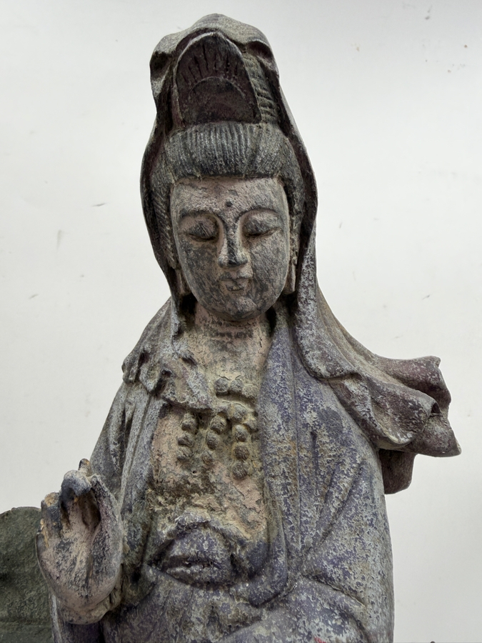 Vintage Chinese Carved Wooden Statue Of Guanyin 10.5W X 19H (RSF) [Photo 5]