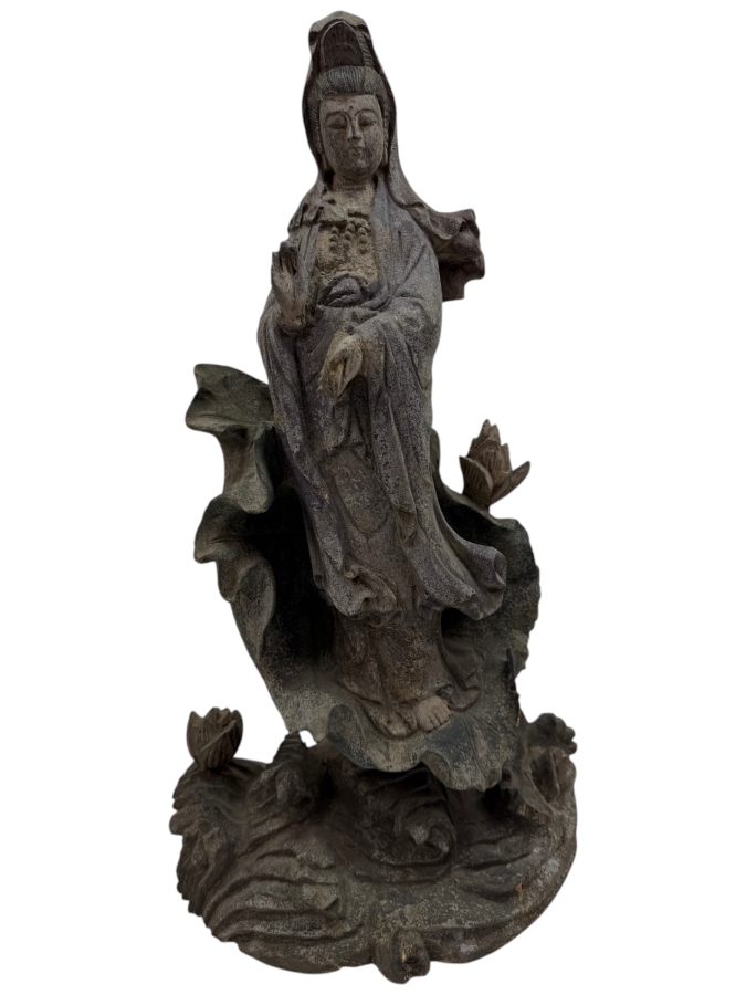 Vintage Chinese Carved Wooden Statue Of Guanyin 10.5W X 19H (RSF)