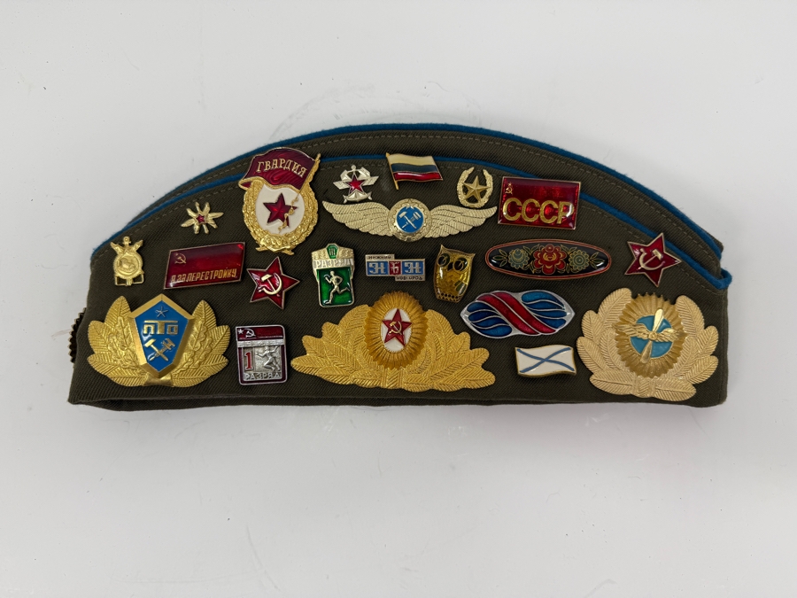 Vintage Soviet Union Military Garrison Hat Pilotka With Various USSR Patches And Pins From The Soviet Era (RSF) [Photo 3]