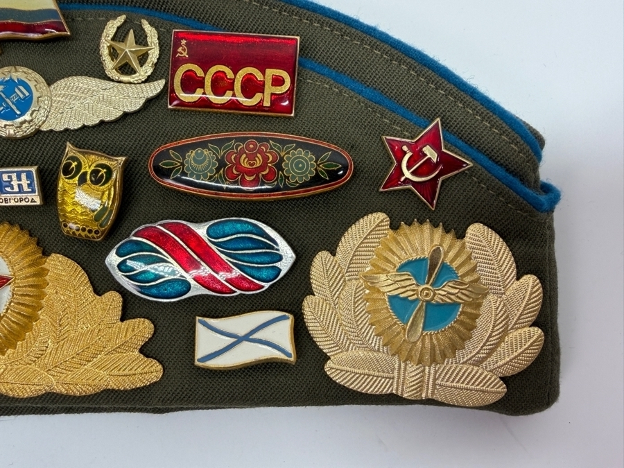 Vintage Soviet Union Military Garrison Hat Pilotka With Various USSR Patches And Pins From The Soviet Era (RSF) [Photo 6]