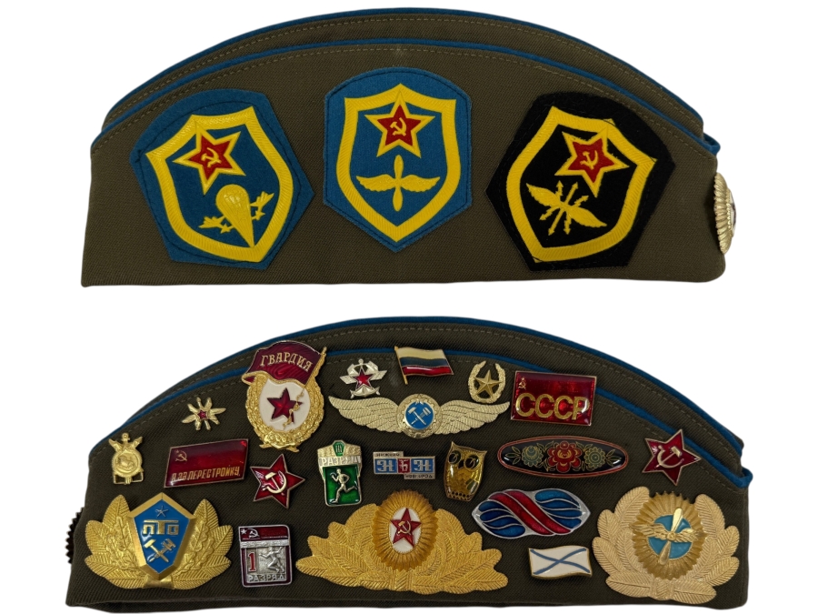 Vintage Soviet Union Military Garrison Hat Pilotka With Various USSR Patches And Pins From The Soviet Era (RSF)