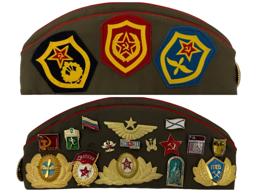 Vintage Soviet Union Military Garrison Hat Pilotka With Various USSR Patches And Pins From The Soviet Era (RSF)
