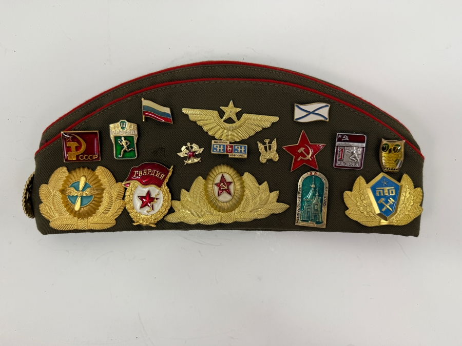 Vintage Soviet Union Military Garrison Hat Pilotka With Various USSR Patches And Pins From The Soviet Era (RSF) [Photo 3]