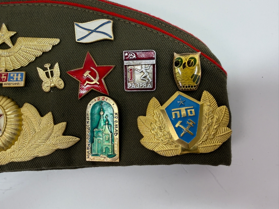 Vintage Soviet Union Military Garrison Hat Pilotka With Various USSR Patches And Pins From The Soviet Era (RSF) [Photo 6]