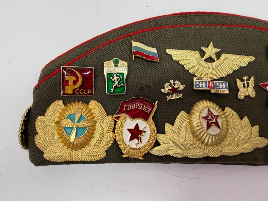 Vintage Soviet Union Military Garrison Hat Pilotka With Various USSR Patches And Pins From The Soviet Era (RSF) [Photo 4]