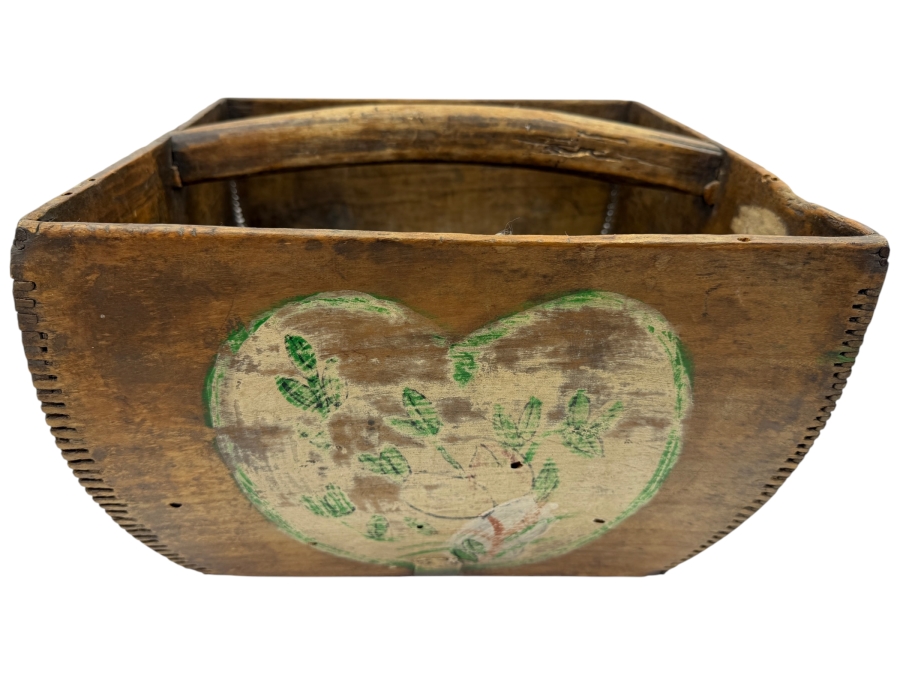 Antique Chinese Wooden Rice Measure Bucket Dou With Hand-Painted Designs With Heart And Floral Motifs 13W X 13D X 10H (RSF)