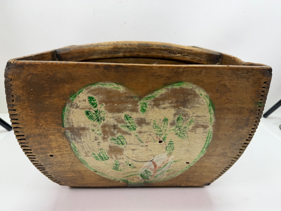 Antique Chinese Wooden Rice Measure Bucket Dou With Hand-Painted Designs With Heart And Floral Motifs 13W X 13D X 10H (RSF) [Photo 2]