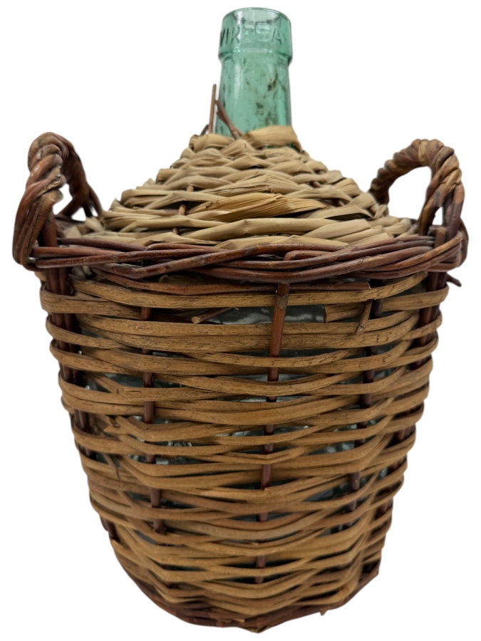 Vintage Viresa Wicker-Wrapped Green Glass Bottle Demijohn Used For Storing And Transporting Wine, Oil Or Spirits 10W X 13.5H (RSF)