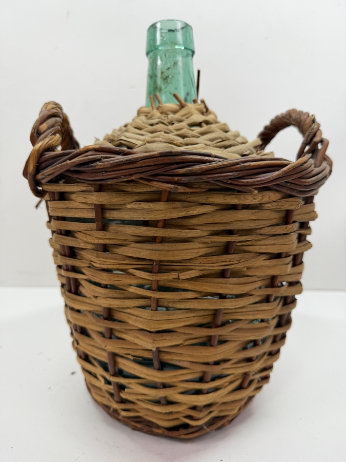 Vintage Viresa Wicker-Wrapped Green Glass Bottle Demijohn Used For Storing And Transporting Wine, Oil Or Spirits 10W X 13.5H (RSF) [Photo 4]