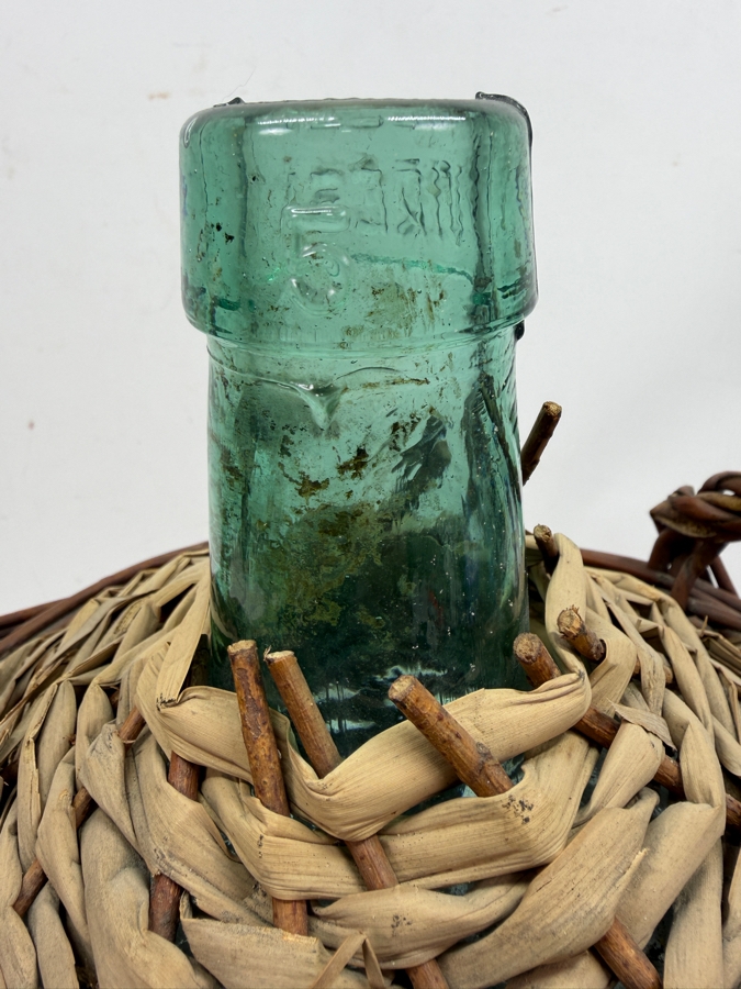 Vintage Viresa Wicker-Wrapped Green Glass Bottle Demijohn Used For Storing And Transporting Wine, Oil Or Spirits 10W X 13.5H (RSF) [Photo 3]