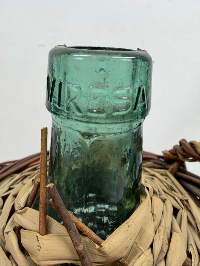 Vintage Viresa Wicker-Wrapped Green Glass Bottle Demijohn Used For Storing And Transporting Wine, Oil Or Spirits 10W X 13.5H (RSF) [Photo 2]