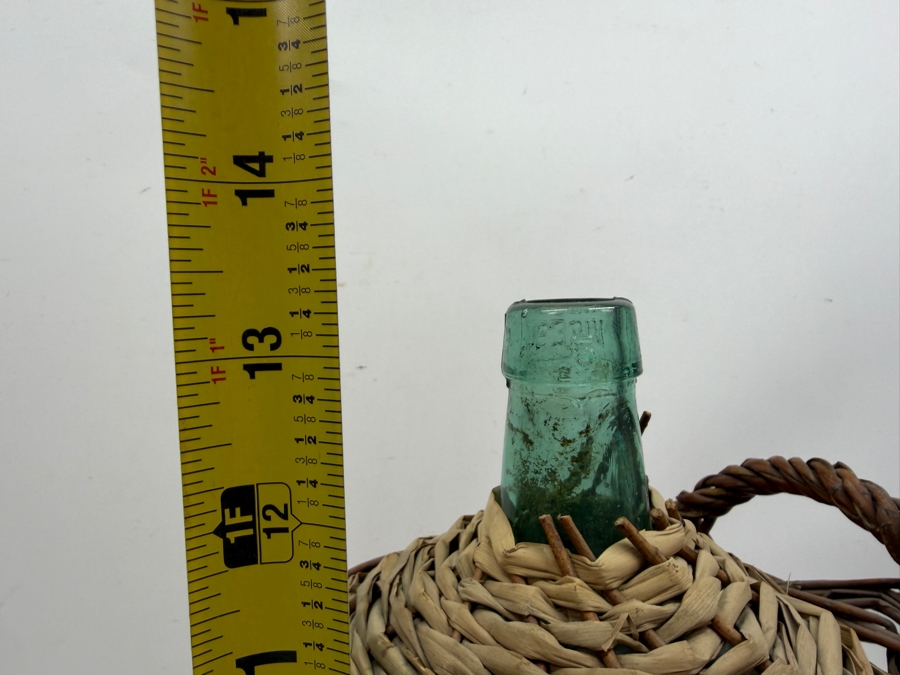 Vintage Viresa Wicker-Wrapped Green Glass Bottle Demijohn Used For Storing And Transporting Wine, Oil Or Spirits 10W X 13.5H (RSF) [Photo 6]