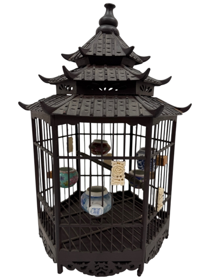 Vintage Chinese Style Pagoda Bird Cage With Porcelain Accessories And Carvings 15H (RSF)