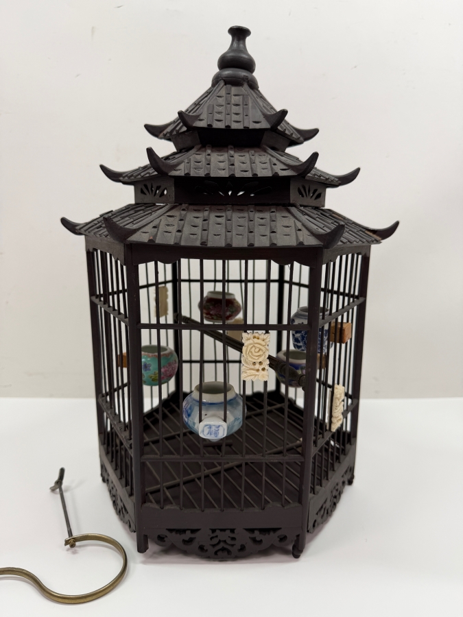 Vintage Chinese Style Pagoda Bird Cage With Porcelain Accessories And Carvings 15H (RSF) [Photo 2]