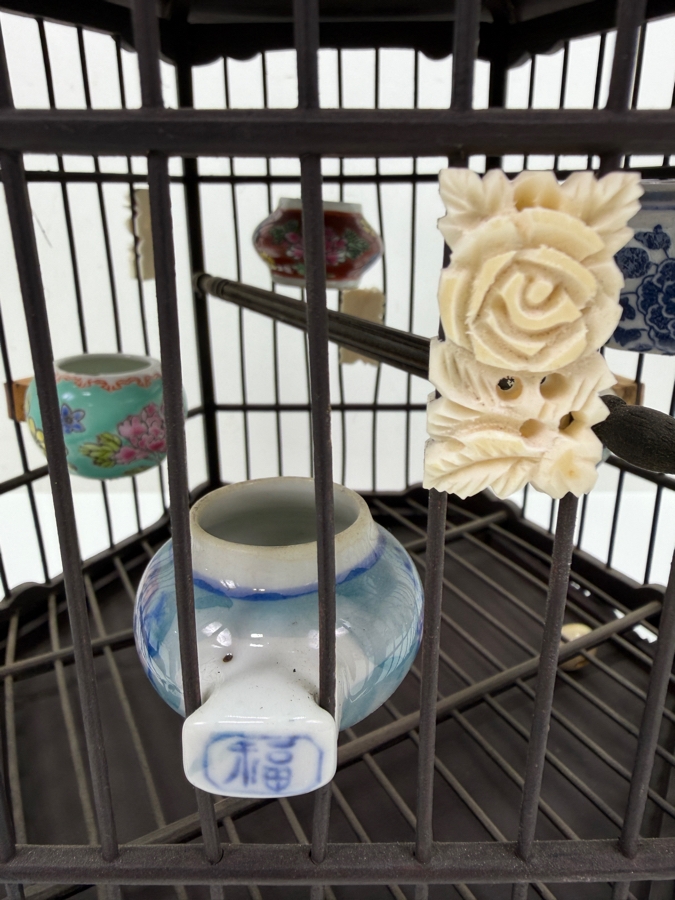 Vintage Chinese Style Pagoda Bird Cage With Porcelain Accessories And Carvings 15H (RSF) [Photo 3]
