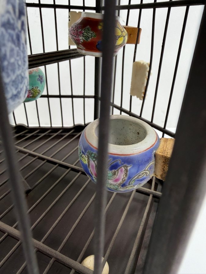 Vintage Chinese Style Pagoda Bird Cage With Porcelain Accessories And Carvings 15H (RSF) [Photo 5]