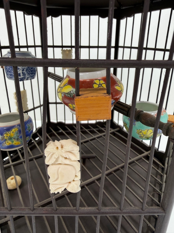 Vintage Chinese Style Pagoda Bird Cage With Porcelain Accessories And Carvings 15H (RSF) [Photo 7]