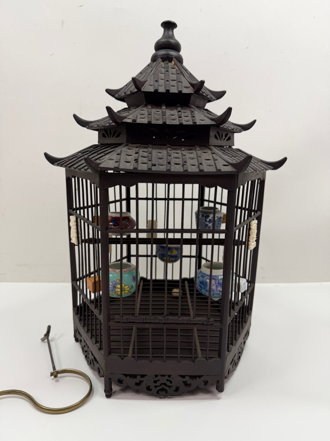 Vintage Chinese Style Pagoda Bird Cage With Porcelain Accessories And Carvings 15H (RSF) [Photo 8]