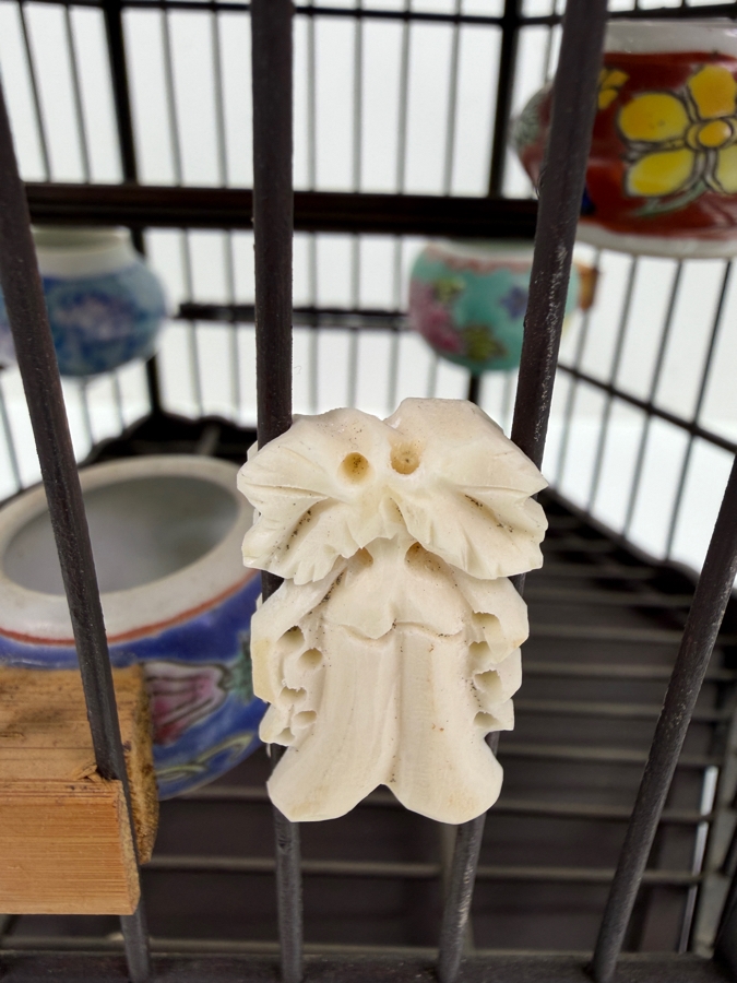 Vintage Chinese Style Pagoda Bird Cage With Porcelain Accessories And Carvings 15H (RSF) [Photo 6]