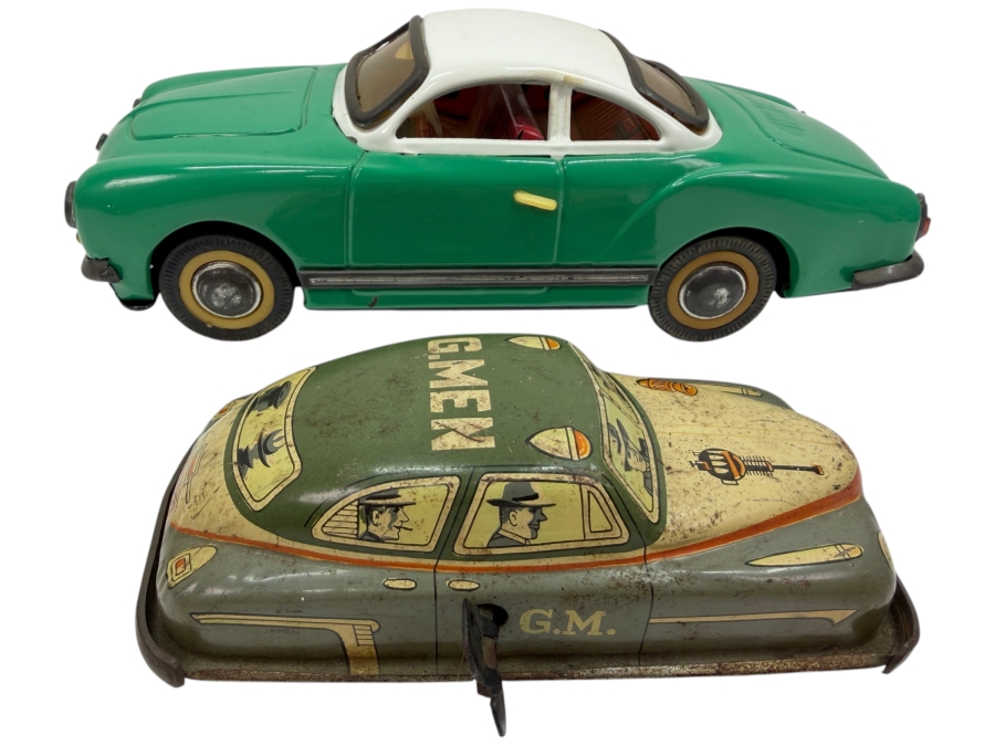 Vintage Asahi Japan Tin Litho Wind Up Toy Car 6L And Volkswagen Karmann Gia Toy Friction Car 9.5L (RSF)
