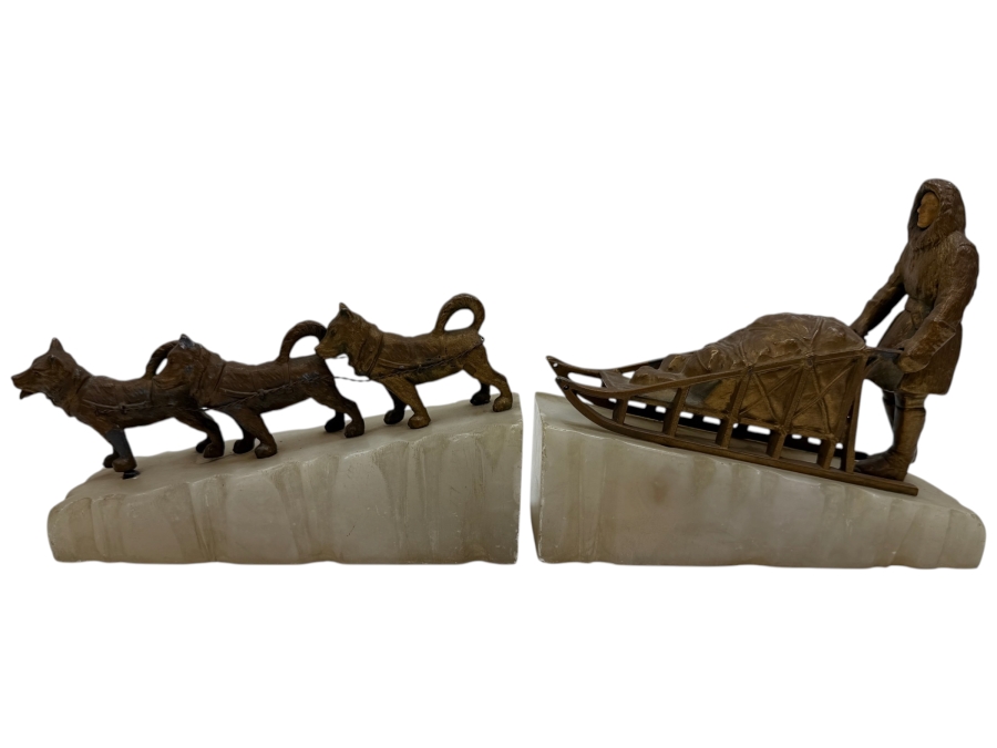 Mid-Century Metal Dog Sled Team Sculpture On Marble Base 14L X 6H (RSF)