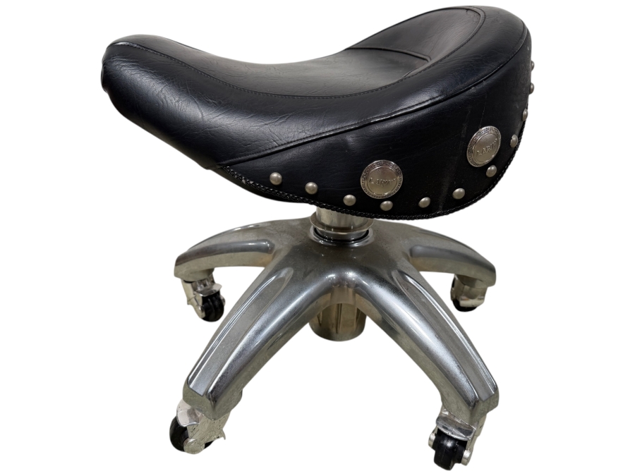 Larin Pneumatic Mechanical Roller Stool Featuring A Black Motorcycle-Style Saddle Seat 23W Adjustable Height 25H (RSF)
