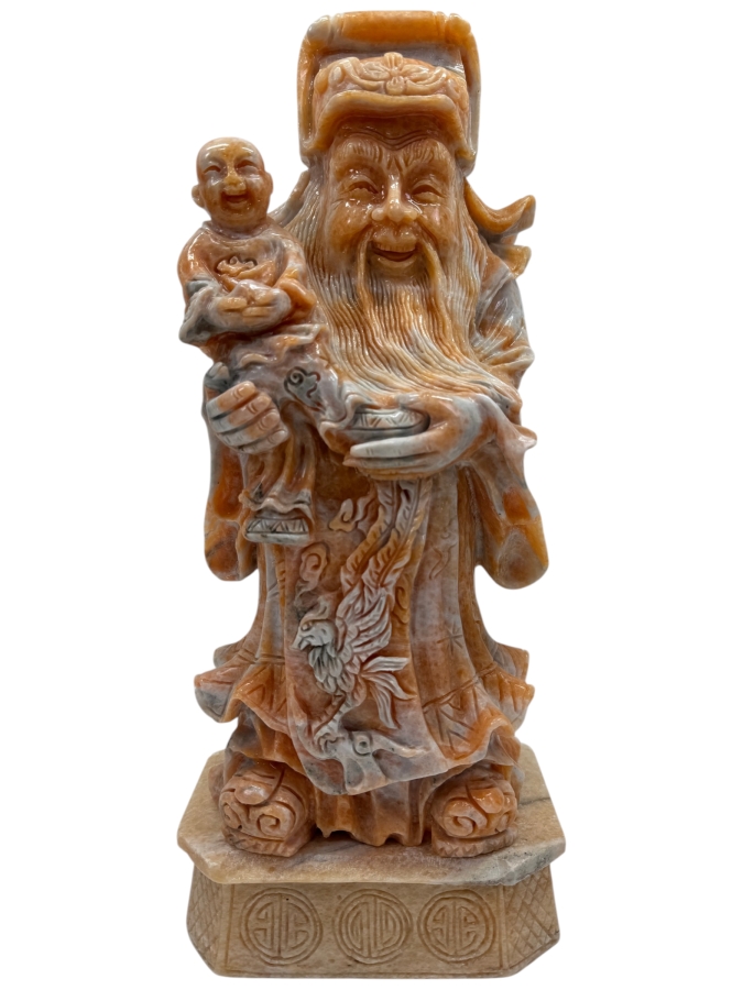 Vintage Asian Carved Stone Sculpture Of Fu Xing On Stone Base Weighs 27lbs 16'H (RSF)