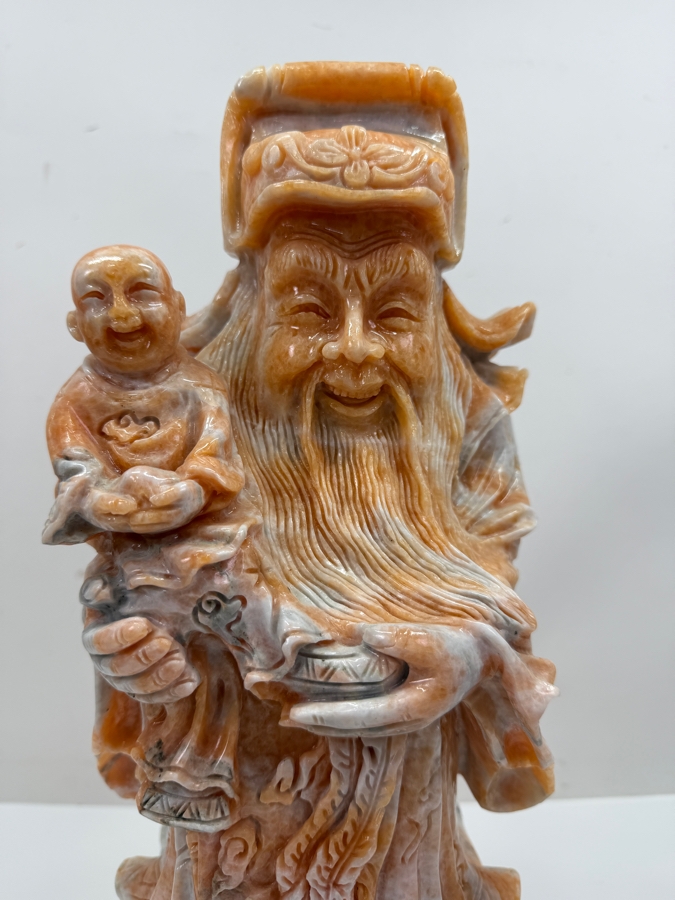 Vintage Asian Carved Stone Sculpture Of Fu Xing On Stone Base Weighs 27lbs 16'H (RSF) [Photo 2]