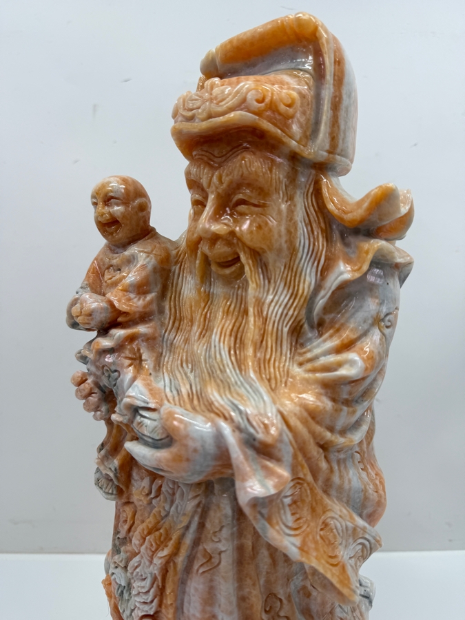 Vintage Asian Carved Stone Sculpture Of Fu Xing On Stone Base Weighs 27lbs 16'H (RSF) [Photo 12]