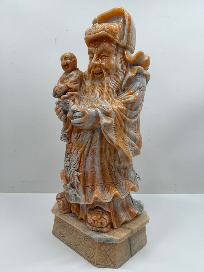 Vintage Asian Carved Stone Sculpture Of Fu Xing On Stone Base Weighs 27lbs 16'H (RSF) [Photo 11]