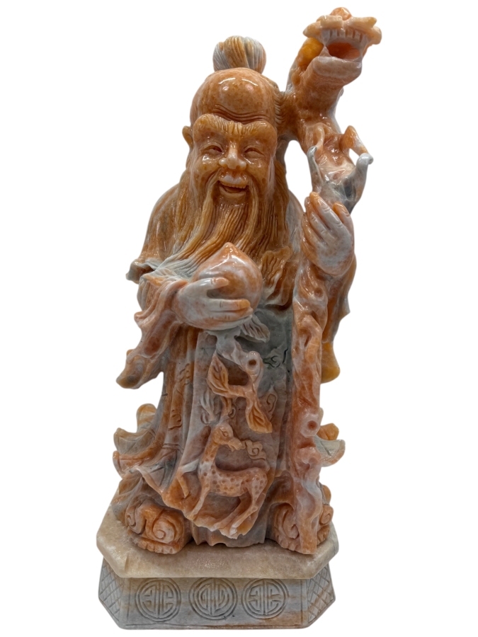 Vintage Asian Carved Stone Sculpture Of Shou Lao (Taoist God Of Longevity) On Stone Base Weighs 27lbs 16'H (RSF)